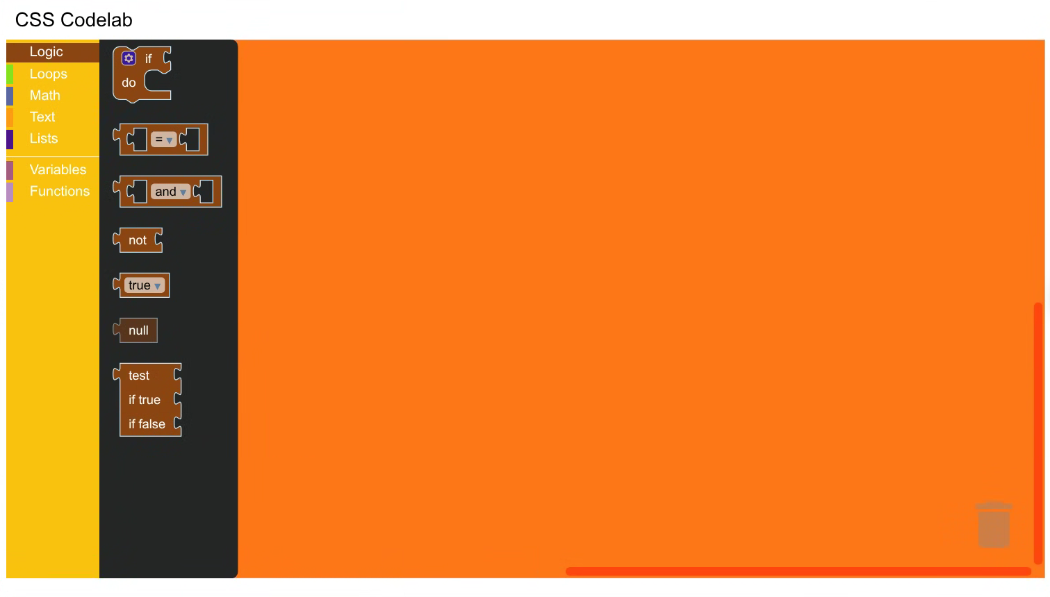 A Blockly editor with the Logic category open. The blocks in the flyout are brown.