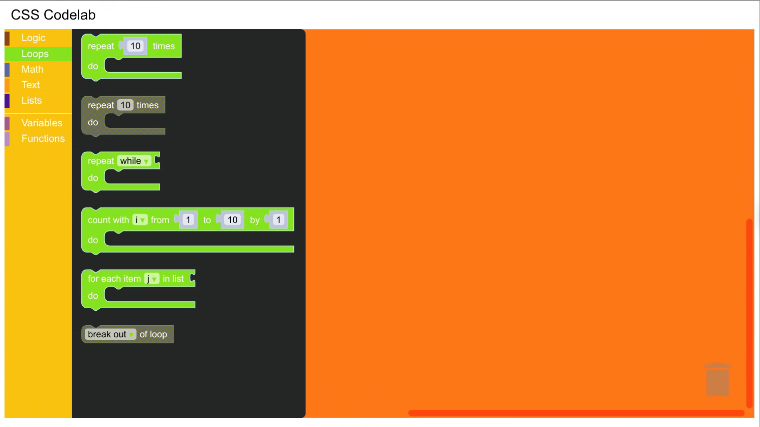 A Blockly editor with Halloween colors: a yellow toolbox, orange workspace, red scrollbars, and neon green loop blocks.