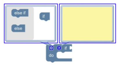 The same block with the mutator and comment bubbles open. The mutator bubble lets you add else clauses to the block and the comment bubble lets you enter a comment about the block.
