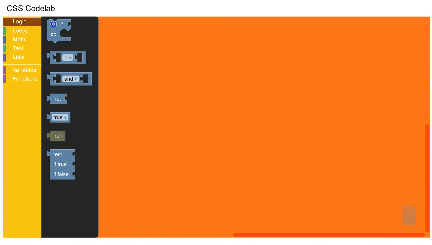 A Blockly editor with the Logic category open. The category name is written in white on a brown background.