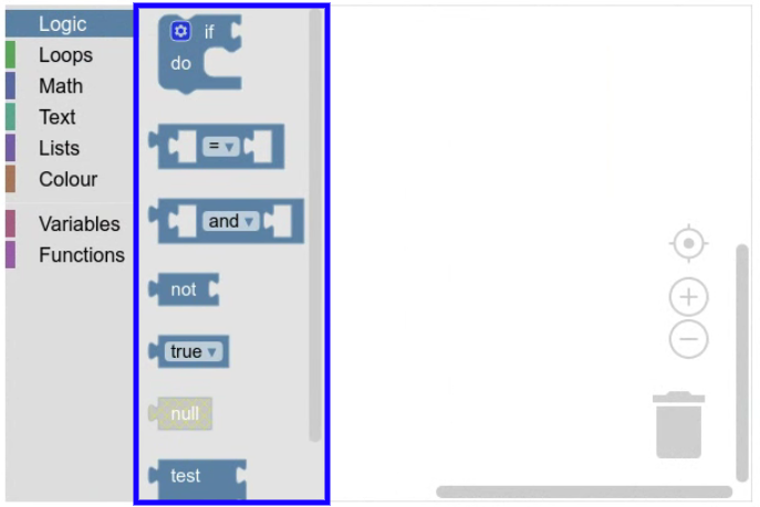 The same workspace and category toolbox as in the previous image, except that the Logic category is open, showing seven logic blocks (if-do, comparison, and-or, etc.).