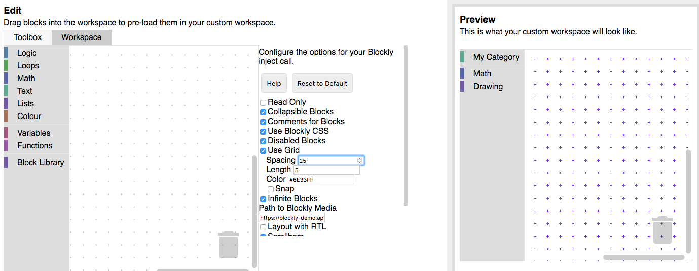 The Workspace Factory tab with the Workspace button selected. The categories
area has been replaced with a list of workspace options to choose
from.