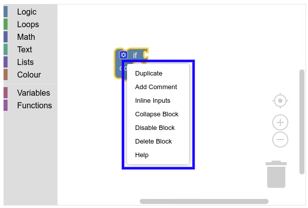 A context menu is open over an if-do block. The menu has the items, "Duplicate", "Add Comments", "Inline Inputs", "Collapse Block", "Disable Block", "Delete Block", and "Help".