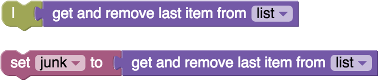 Blocks showing two different ways to ignore the output of a block. The first
uses a pipe block to "eat" the value and the second sets the value of a variable
named "junk".