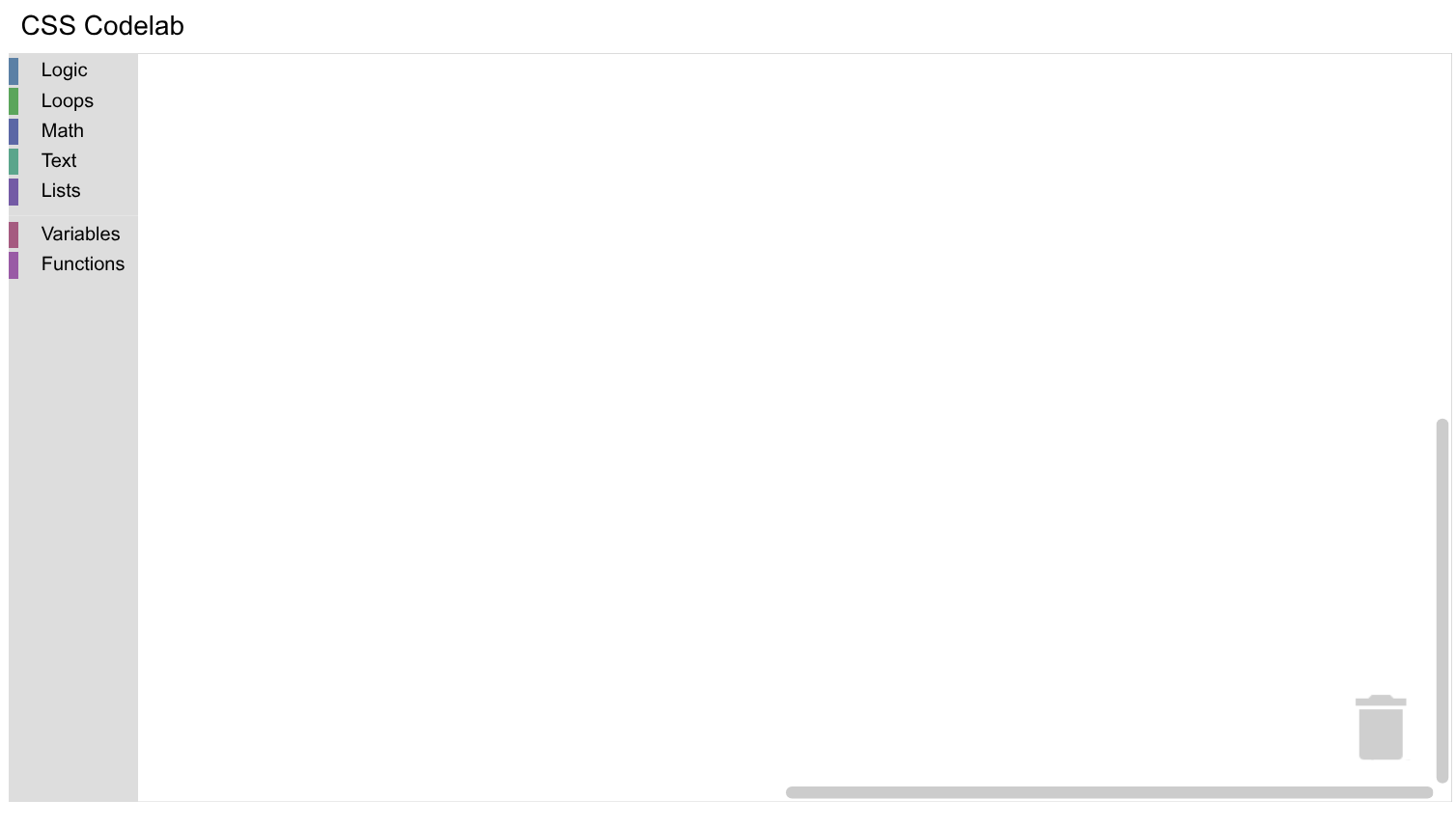 A web page with the text 'CSS Codelab' and a Blockly editor with seven categories.