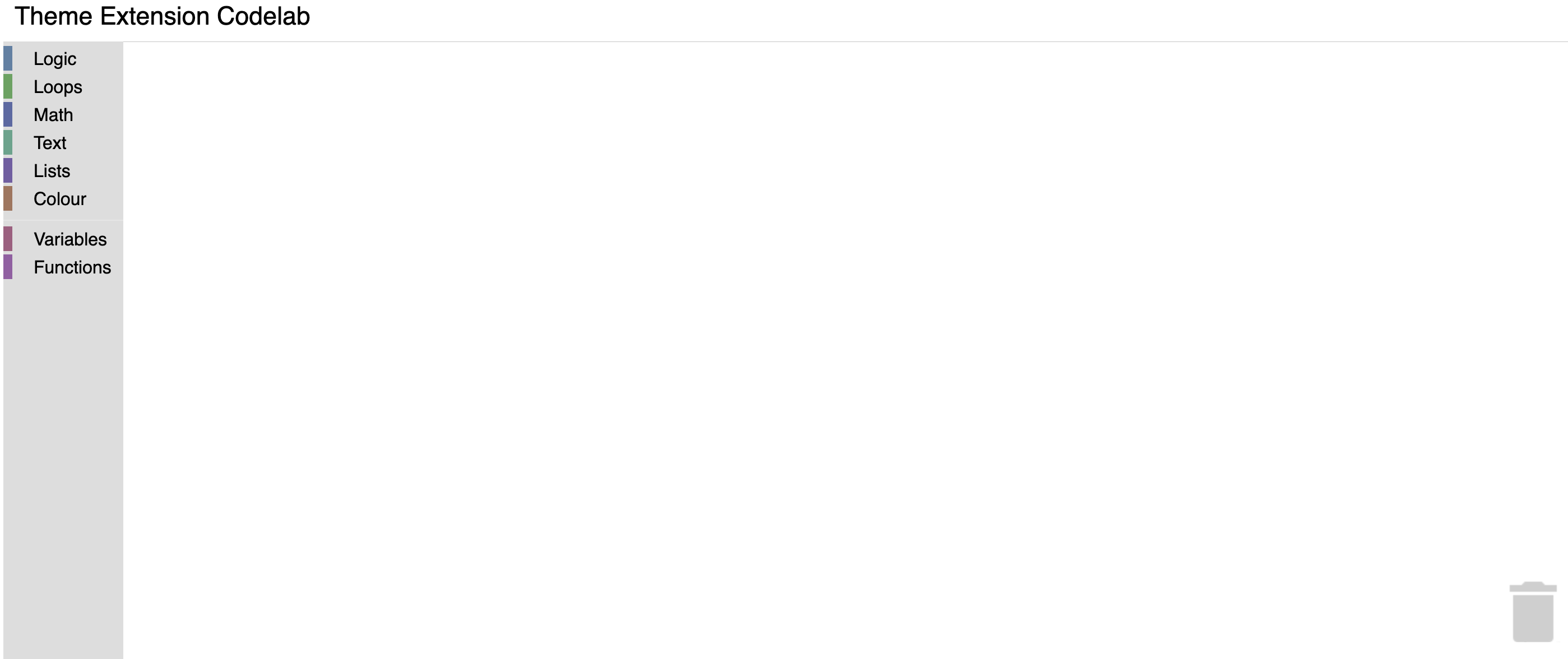 A web page with the text "Theme Extension Codelab" and a Blockly workspace.