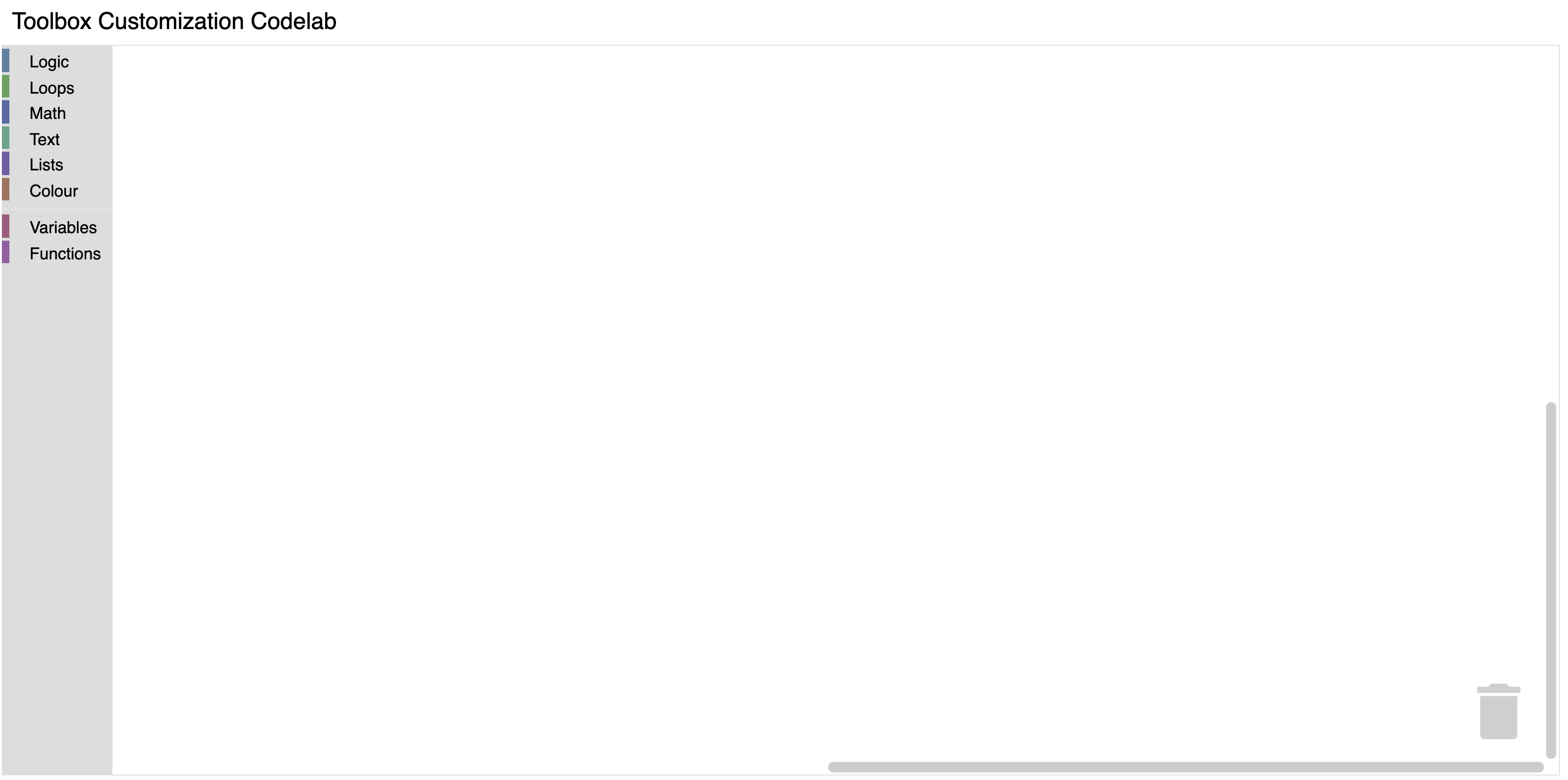 A web page with the text "Toolbox Customization Codelab" and a Blockly workspace.