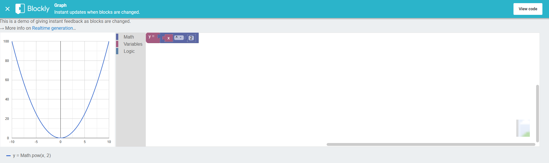 Screenshot of the blockly-react example