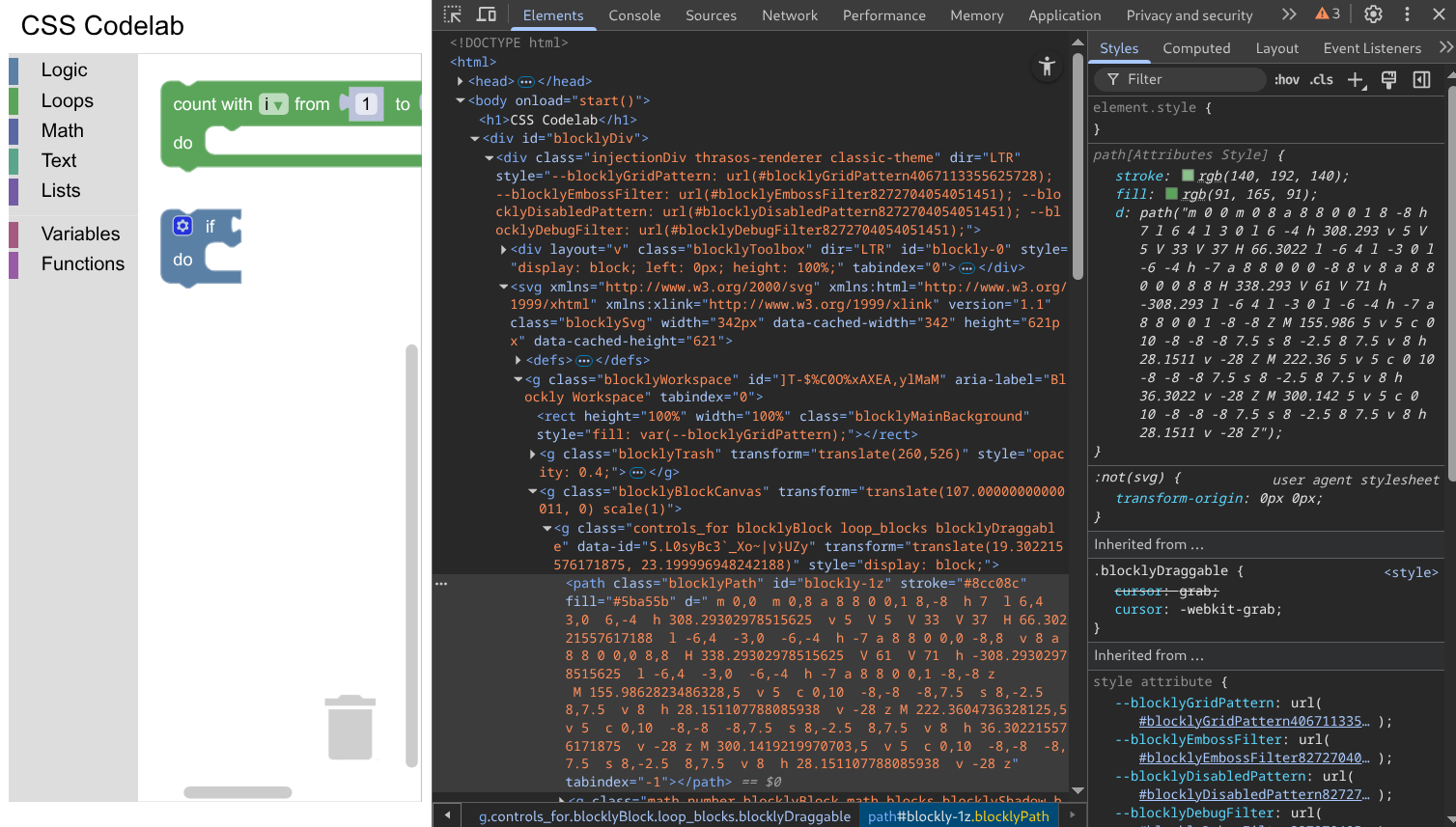 A Blockly editor with two blocks on the workspace and the developer tools open.