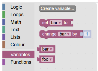 The same category after foo and bar variables have been created. It
contains a "Create variable" button, set-variable-to and change-variable-by
blocks, and getter blocks.